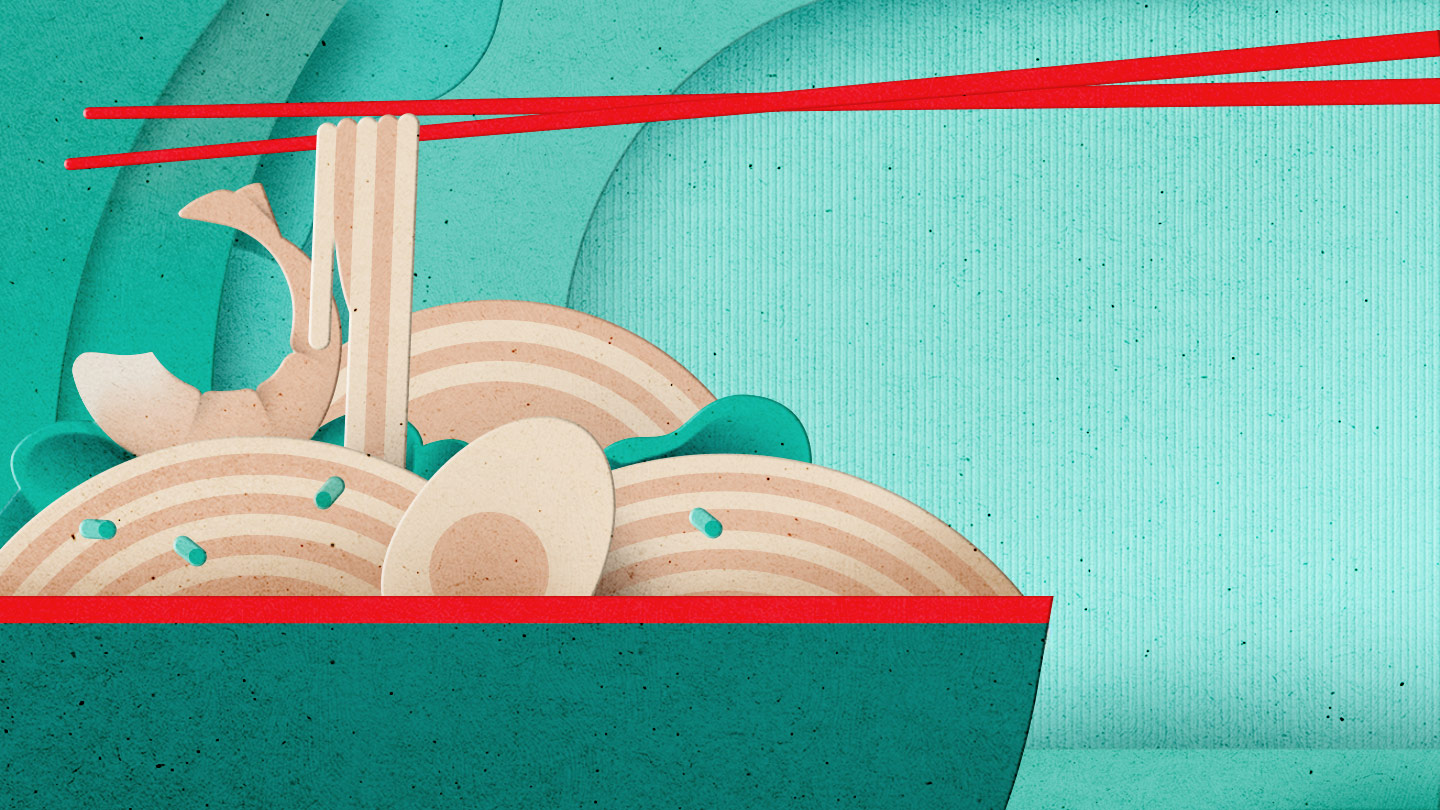Artistic rendering of a ramen bowl with noodles held by chopsticks, in textured pastel tones.
