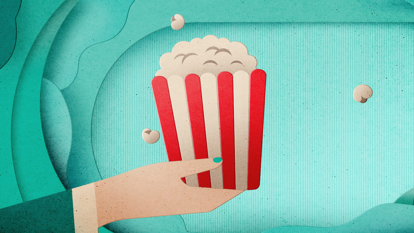 Stylized illustration of popcorn floating around a striped popcorn box, created in vibrant teal background.