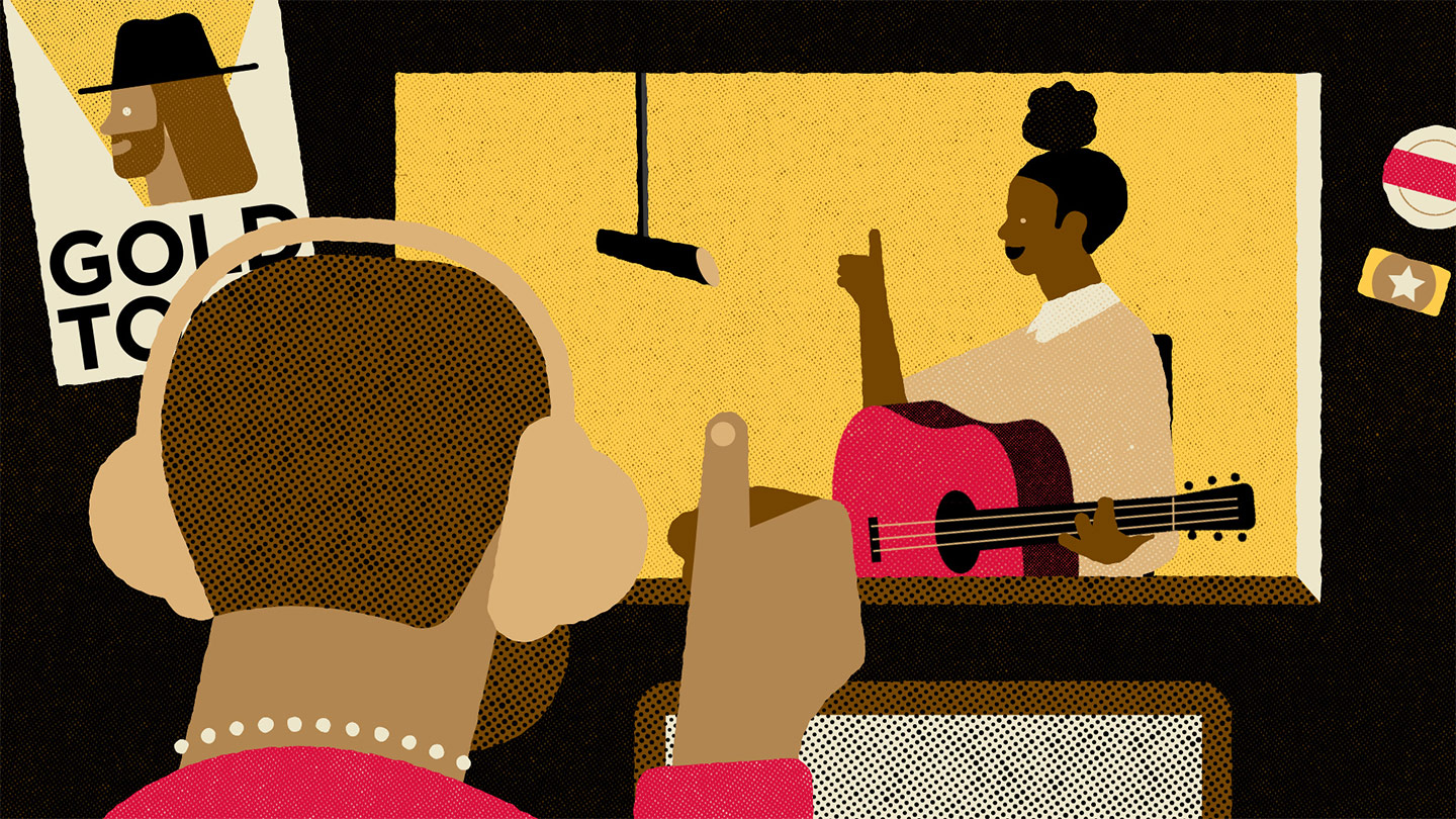 An illustration of a music recording studio with a musician playing a pink acoustic guitar behind a glass window. In the foreground, a sound engineer wearing headphones raises a finger for direction. A microphone hangs from above, and a “Gold Tour” poster is visible on the studio wall.