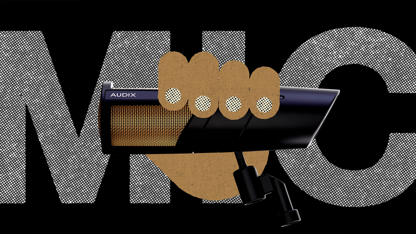 A stylized hand gripping an Audix microphone, positioned against a bold black background with large white halftone letters spelling “MIC.” The microphone features a sleek, metallic design with gold mesh details.