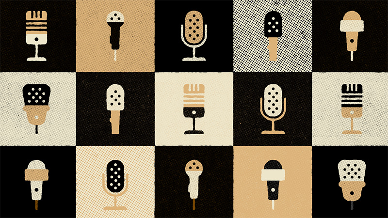 A grid of vintage-style microphone illustrations in various shapes and designs, arranged in a checkered pattern of black, beige, white, and brown squares. The image uses a textured, retro print style with a limited warm-toned color palette.