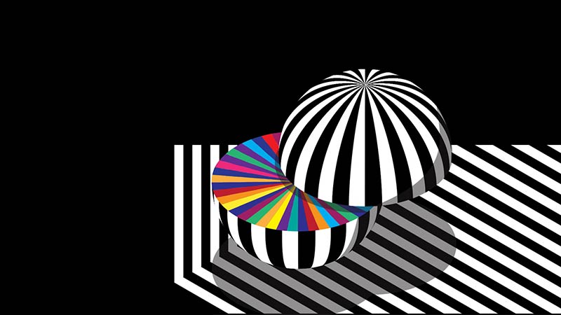 3D striped sphere sliced open to reveal a vibrant color wheel inside — symbolizing engineering precision and creative imagination.