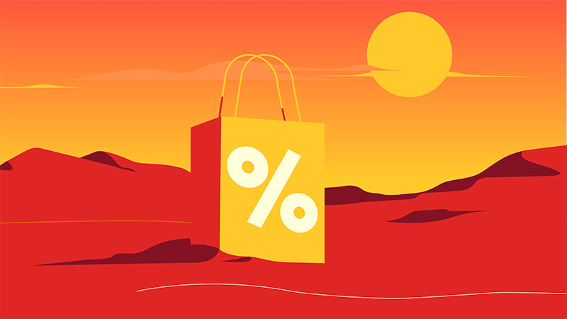 Stylized desert landscape with a yellow shopping bag marked by a percent symbol under a bold orange sun — visual from the JAMAM sales campaign.