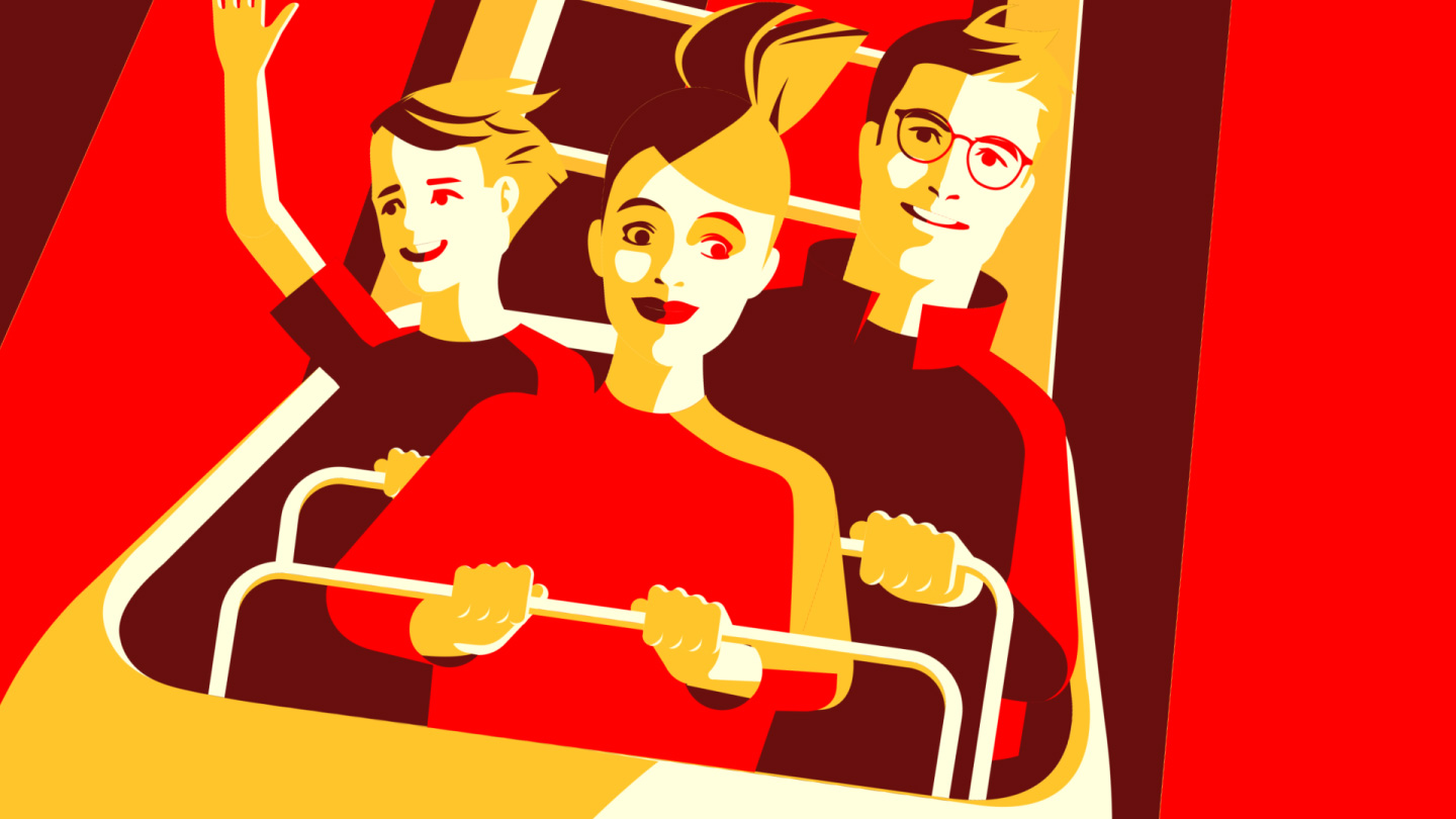 Illustrated family riding a rollercoaster, smiling and excited — visual from JAMAM23 sales campaign animation.