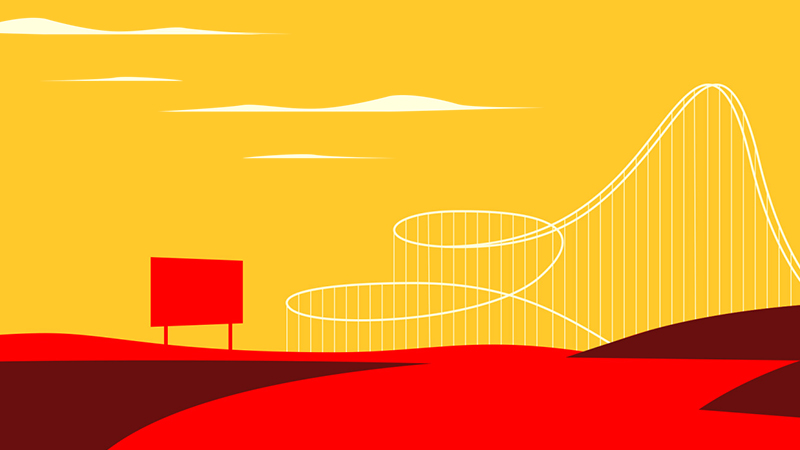 Minimalist yellow-red landscape with abstract rollercoaster curves — background still from JAMAM23 animation.