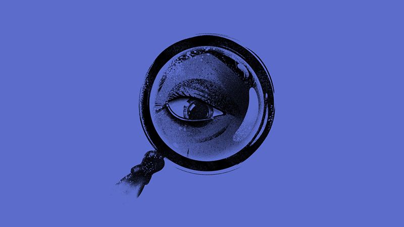 Surreal-style illustration of a human eye inside a magnifying glass on a blue background — symbolizing reflection and discovery in the Litvak Museum campaign.
