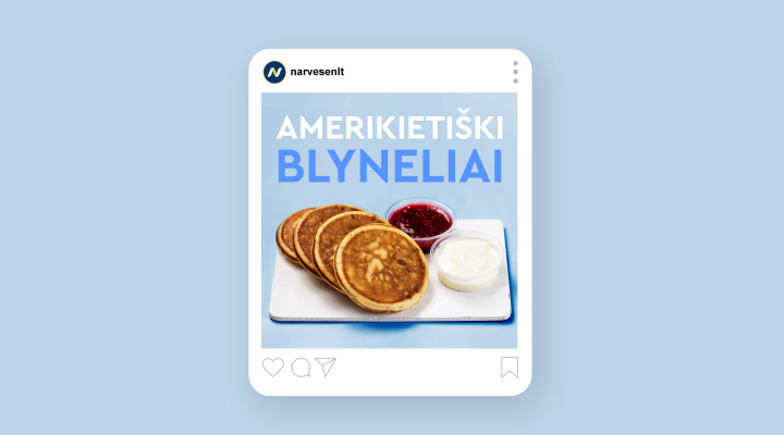 Instagram post mockup featuring a tray of American pancakes with sour cream and jam — Narvesen breakfast promotion.