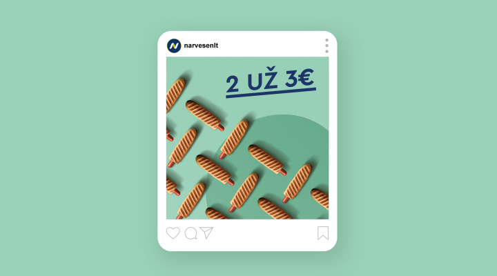 Social media graphic with grilled hot dogs on a green background and text “2 uz 3€” — Narvesen snack deal visual.